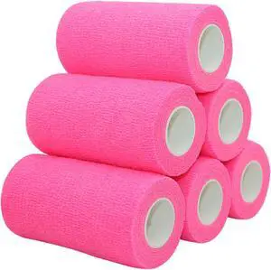 COMOmed Self Adherent Cohesive Bandage Latex 4"x5 Yards First Aid Bandages Stretch Sport Wrap Athletic Tape for Wrist Ankle Sprain and Swelling,Hot Pink(6 rolls)