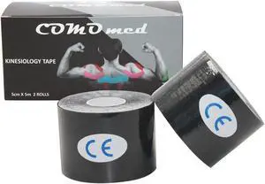 COMOmed Kinesiology Tape Water Resistant Uncut Sports Tape - 2 in x 16.5 ft - Professional Kinesiology Therapeutic Sports Tape,Black, Latex Free 2Rolls