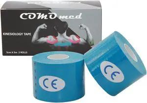 COMOmed Kinesiology Tape Water Resistant Uncut Sports Tape - 2 in x 16.5 ft - Professional Kinesiology Therapeutic Sports Tape,Black, Latex Free 2Rolls Blue