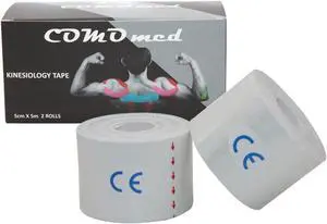 COMOmed Kinesiology Tape Water Resistant Uncut Sports Tape - 2 in x 16.5 ft - Professional Kinesiology Therapeutic Sports Tape,Black, Latex Free 2Rolls White