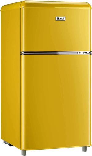  WANAI Mini Fridge Dual Door Refrigerator with Freezer 3.5  Cu.Ft, Compact Refrigerator with Adjustable Temperature & Removable Glass  Shelves, Fridge for Apartment/Dorm/Office/RV, Yellow : Appliances