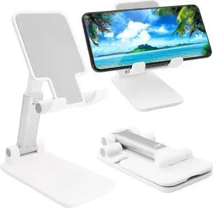 Cell Phone Stand Folding Desktop Phone Stand Angle Height Adjustable Mobile Phone Holder for Desk Office Tablet Stand Compatible with All Phones 4-10 Cellphone & Tablet (White)