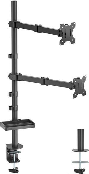 UPGRAVITY Dual Vertical Monitor Mount with Storage Tray, Stacked Monitor Stand for Two 13 to 32 inch Computer Screens, 35 inch Extra Tall Pole, Double-Jointed Fully Adjustable Heavy Monitor Arms