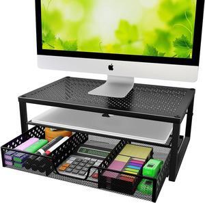 Simple Trending-Metal Monitor Stand Riser and Computer Desk Organizer with Drawer for Laptop, Computer, iMac, Black