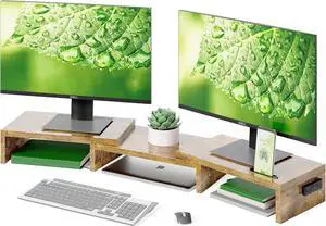 BONTEC Dual Monitor Stand Riser with Smartphone Holder, Adjustable Length & Swivel Angle, Ergonomic Wooden Desktop Organizer for PC Monitor, Laptop, Printer, Large Storage, Rustic Brown