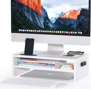 BONTEC Monitor Stand Riser White, 2 Tiers Wood Monitor Riser Stand with Storage Organizer, Desktop Ergonomic Monitor Stand Riser with Cellphone Holder and Cable Management, 16.5 Inch Desk Shelf