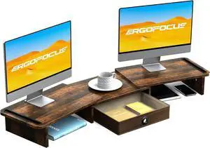 Dual Monitor Stand Riser with Drawer-Adjustable Length and Angle, Monitor Stand Riser for 2 Monitors, Desktop Organizer Stand for Computer/Laptop/PC/Printer (Rust Brown)