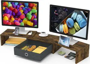 WESTREE Dual Monitor Stand Riser with Drawer, 3 Shelf Computer Monitor Riser with Adjustable Length and Angle, Desktop Monitor Stand Riser Storage Organizer for 2 Monitors