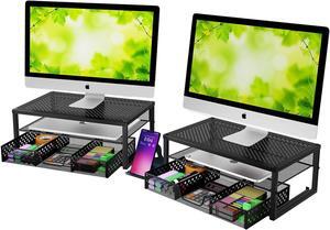 Simple Trending 2 Pack-2 Tier Metal Monitor Riser Stand and Computer Desk Organizer with Drawer, Black
