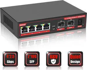 ienRon 6 Ports 2.5G Unmanaged Network Switch,4x2.5G Base-T Ports,2x10G SFP,60Gbps Ethernet Switching Capacity,One-Key VLAN |Ethernet Splitter |2.5G Bandwidth |Plug & Play |Fanless Metal Design