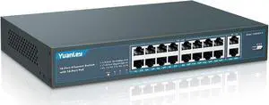 YuanLey 16 Port PoE Switch with 2 Gigabit Uplink, 16 PoE+ Port 10/100Mbps Network Switch, 802.3af/at Compliant, Durable Metal with 250W High Power, Unmanaged Plug and Play