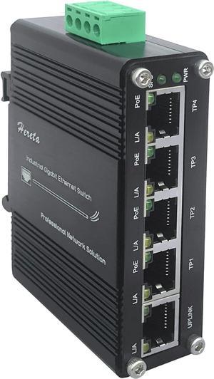 Industrial Gigabit Ethernet PoE+ Switch 5-Port 10/100/1000BASE-T Auto-MDI/MDI-X Half/Full Duplex Compact 30W PoE+ Ethernet Switch 12~48VDC Wide Range Power Input