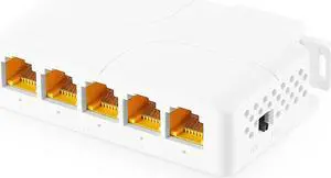 Gigabit PoE Passthrough Switch, 1 PoE in 4 PoE Out Extender, IEEE802.3af/at/bt PoE Powered 90W, 10/100/1000Mbps Ethernet, Din Rail & Wall Mount Plug and Play