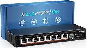 8 Port 2.5G Unmanaged Desktop Ethernet Switch with 10G SFP, 8 x 2.5G Base-T Ports, 60Gbps Switching Capacity, Compatible with 100/1000/2500Mbps, Metal Fanless, YuanLey 2.5Gbe Network Switch Wall Mount