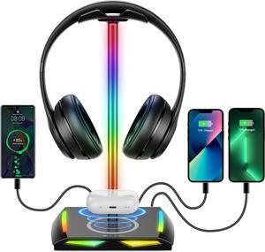 New bee RGB Headphone Stand with Wireless Charging and 2 USB-C & 1 USB Charging Ports, Desk Gaming Headset Holder with 7 Light Modes and Non-Slip Rubber Base Suitable for All Earphone Accessories