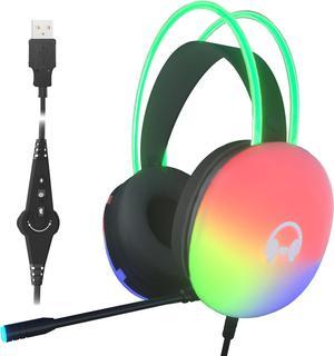 UBOTIE Wired Gaming Headset, 7foot Long Cable USB Headphones with Full RGB Earmuffs LED Headband, Game Sound Tech Headphones for PC MOBA FPS Games(Black)