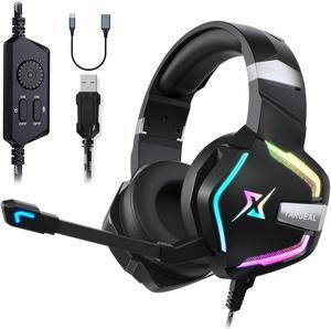 targeal 7.1 Surround Sound PC Gaming Headset for PS5 PS4 Switch Laptop Mac Tablet Mobile, Over Ear Wired USB Gaming Headphone with Omni-Directional Noise Canceling Mic, RGB LED, with Type C Cable