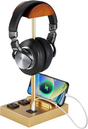 CASTLELIFE Headphone Stand Desktop Gaming Headset Holder with 2 AC Outlets and USB C&A Ports, Charging Station&Phone Stands, Wood Earphone Table Game Accessories for Desktop Gamer, Gold