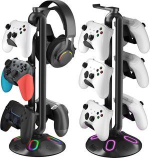 Gaming RGB Headphone Stand,Canmarin Controller Holder with 9 Light Modes - Headset Stand with 2 USB Charging Ports and 3.5mm & Type-C - Controller Stand Hanger Accessories for Desk and Gamer(Black) A