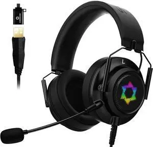 ES09 Foldable Gaming Headset - 7.1 Surround Sound, Detachable Noise Cancelling Mic, RGB Light, Memory Foam, for PC, Xbox, PS4/5, Switch, Console, Meeting & Music