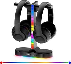 RGB Dual Headphone Stand with 2USB Port and 3.5mm Audio port, Double Gaming Headset Holder Hanger Rack with RGB LED Light Suitable for All Headphones Gamer Table PC Game Earphone Accessories Gifts