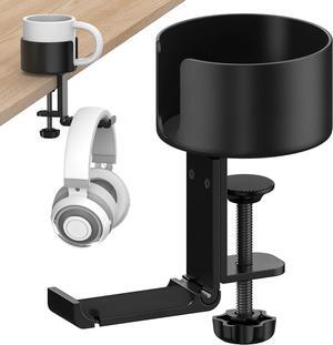 POWNEW 2 in 1 Desk Cup Holder with Headphone Hanger Gaming Accessories, Universal Adjustable & Foldable Upgraded Arm Clamp Stand for Coffee Mugs, Water Bottles, Headphones.