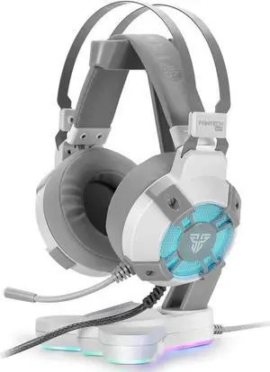 FANTECH USB RGB Gaming Headset and Stand Combo for PC, 7.1 Surround Sound 50mm Drive DTS Digital Over Ear Wired Headphones with Mic and Hanger, White