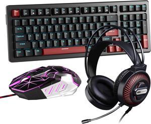 MageGee Mechanical Gaming Keyboard and Mouse Headset Bundle, Blue LED Backlit Blue Switch Wired Keyboard, 7-Color Light Up Mouse & Lightweight Over-Ear Headphone, 3 in 1 Set for Windows PC Gamer