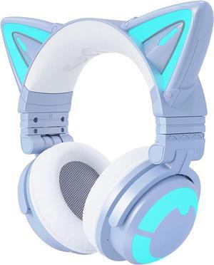 YOWU RGB Cat Ear Headphone 3G Wireless 5.0 Foldable Gaming Headset with 7.1 Surround Sound, Built-in Mic & Customizable Lighting and Effect via APP, Type-C Charging Audio Cable -Blue