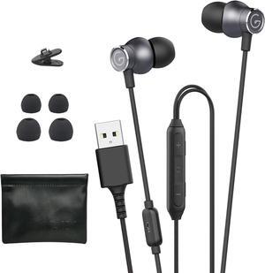GEVO USB Earbuds with Microphone for PC Laptop, Wired USB Computer in-Ear Headphone 2M/6.6FT Wired Earphones with Volume Controls & Mute Fuction Noise Cancelling Mic for Office Live Gaming Headset