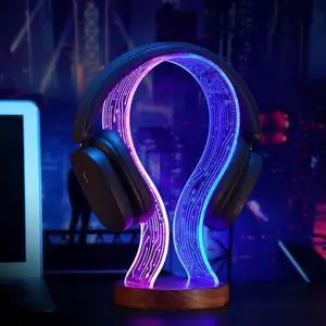 Lampeez Headphone Stand Headset Holder with Blue Pink LED Night Light Walnut Wood for Gamers, Music Lovers Gift Idea