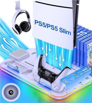 PS5 Stand and Cooling Station with Controller Charging Station for PS5 Slim, PS5 Accessories Incl. 3 Levels Cooling Fan, RGB Light, 15 Game Storage, Headset Holder for Playsation 5 Digital/Disc, White