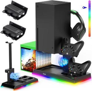 Upgrade Stand for Xbox Series X with Back Cooling Fan& RGB Lights, Charging Station with Controller Charger Dock &Game Storage Rack Organizer& Headset Stand with 2X1400 mAh Rechargeable Battery Pack