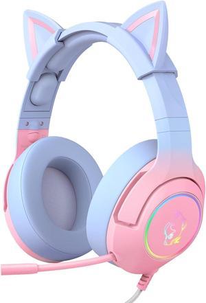 PHNIXGAM Gaming Headset for PS4, PS5, Xbox One(No Adapter), Cat Ear Headphones with Noise Cancelling Microphone, RGB Backlight, Surround Sound for PC, Mobile Phone, Gradient Pink Blue