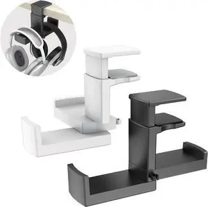 (2 Pieces) PC Gaming Headphone Stand - EURPMASK Dual Headset Hanger Hook Holder with Adjustable & Rotating Arm Clamp, 2 in 1 Headphone Controller Stand Under Desk wi/Cable Clip Organizer