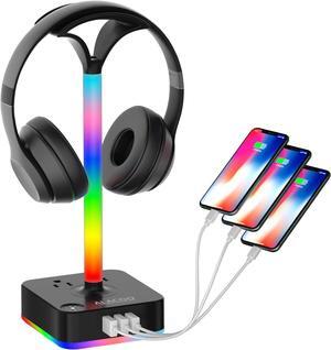RGB Headphone Stand with 3USB Charging Port and 2 Prong AC Outlet Power Strips, Desk Gaming Headset Holder Hanger with 8 Light Modes Non-Slip Rubber Base for Table PC Gaming All Earphone Accessories