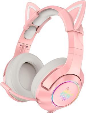 PHNIXGAM Pink Girl Gaming Headset for PS4, PS5, Xbox One(No Adapter), Wired Over-Ear Headphones with Detachable Cat Ears, Noise Cancelling Microphone, RGB Backlight, Surround Sound for PC