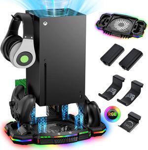 Cooling Fan Stand and Controller Charger Station for Xbox Series X - Dual Charging Stand with 15 RGB Lights Models, Storage Dock Accessories with 3 Hooks and 2 Rechargeable Batteries for XSX