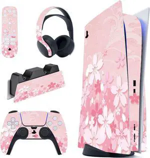 PlayVital Cherry Blossoms Petals Full Set Skin Decal for ps5 Console Disc Edition, Sticker Vinyl Decal Cover for ps5 Controller & Charging Station & Headset & Media Remote