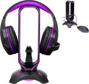 ENHANCE PC Gaming Headphones Stand with Mouse Bungee - RGB Headphone Holder for PC Gaming Desk Setup with 2 USB Port Hub, 7 LED Color Changing Modes, Headset Stand for Gaming Headset PC, Xbox One, PS5