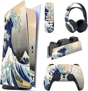 PlayVital Great Wave Dual Side Full Set Skin Decal for PS5 Console Digital Edition, Sticker Vinyl Decal Cover for PS5 Controller & Charging Station & Headset & Media Remote