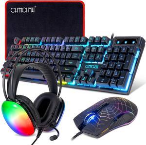 Gaming Keyboard Mouse and Headset with mic Combo USB Wired RGB Backlit Gamer Bundle Compatible with PC Windows 7/8/10/11 Xbox one PS4 PS5(Black)