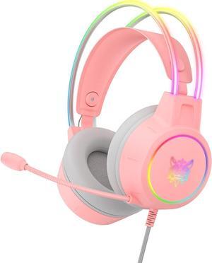 SIMGAL Gaming Headset with Mic, 3.5mm Lightweight Headphones with RGB Aluminum Frame, Surround Sound, Compatible with PS4 PS5 Xbox One(Adapter Not Included) PC Mobile Phone (Pink)