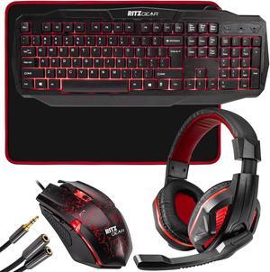 Ritz Gear Gaming Accessories Kit (Red) | 4-in-1 LED Backlight Bundle PC Combo with Multimedia Keyboard, Optical Mouse, Mouse Pad & Headset with Adapter | for Windows 7+ Desktop, Laptop, Xbox & PS4