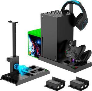 FASTSNAIL Vertical Stand Cooling Fan for Xbox Series X, Charging Station Dock for Xbox Series X Controller with 2 Pack 1400mAh Rechargeable Batteries, Accessories with Game SlotHeadset Holder, Black