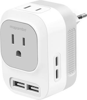 Mapambo European Universal Travel Plug Adapter 220V to 110V Voltage Converter with 2 USB Port 2 USB C International Power Adapter for US to Most of Europe, France, Germany, Italy... (Type C Grey)