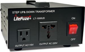 LiteFuze 1000 Watt Voltage Converter Transformer Step Up/Down - 110v to 220v / 220v to 110v Power Converter - Fully USA Grounded Cord - Universal Outlet Socket, 2x US Outlets - CE Certified