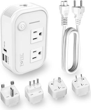Step Down Power Converter - FOVAL 230W Travel Voltage Converter 220V to 110V International Plug Adapter with [Upgraded 18W PD USB-C] 3 USB Ports 2 AC Outlets US to Europe Italy UK AU Plug (White)
