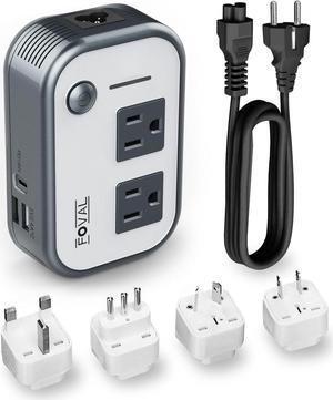 Step Down Power Converter - FOVAL 230W Travel Voltage Converter 220V to 110V International Plug Adapter with [Upgraded 18W PD USB-C] 3 USB Ports 2 AC Outlets US to Europe Italy UK AU Plug (Gray)