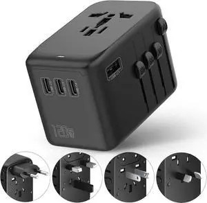 120W International Travel Adapter, 4USB-C & 1USB-A Worldwide Power Adapter, GaN Fast Charger with UK EU AU US Plugs, All-in-One International Converter for Tablets Phones